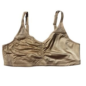 True & Co Bra Large Satin Wireless Ruched Bralette Champagne Gold Shimmer No Pad